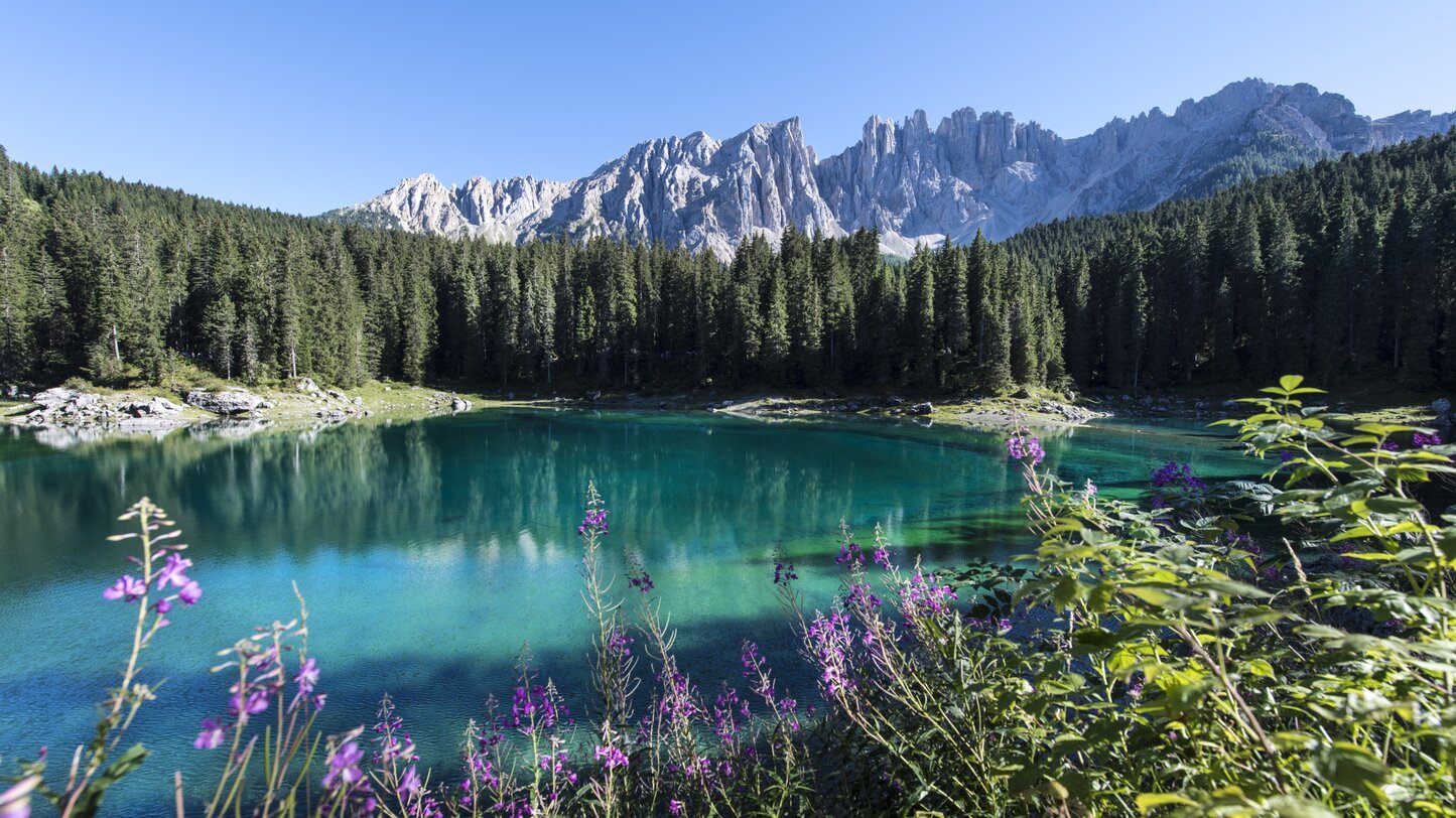 Blick auf den Karersee und die Dolomiten
